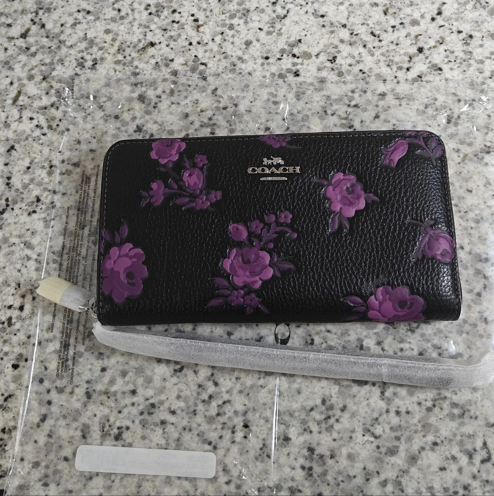 Coach Long Zip Around Wallet With Floral Print, black and purple - Picture 3 of 10